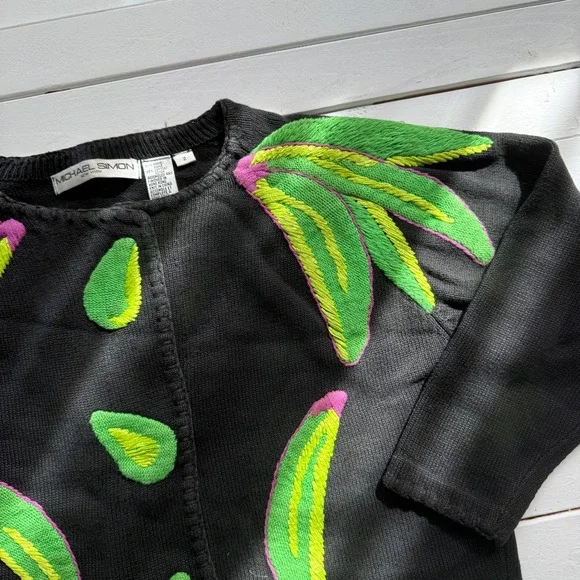 vtg Michael Simon green bananas embroidered black cardigan sweater